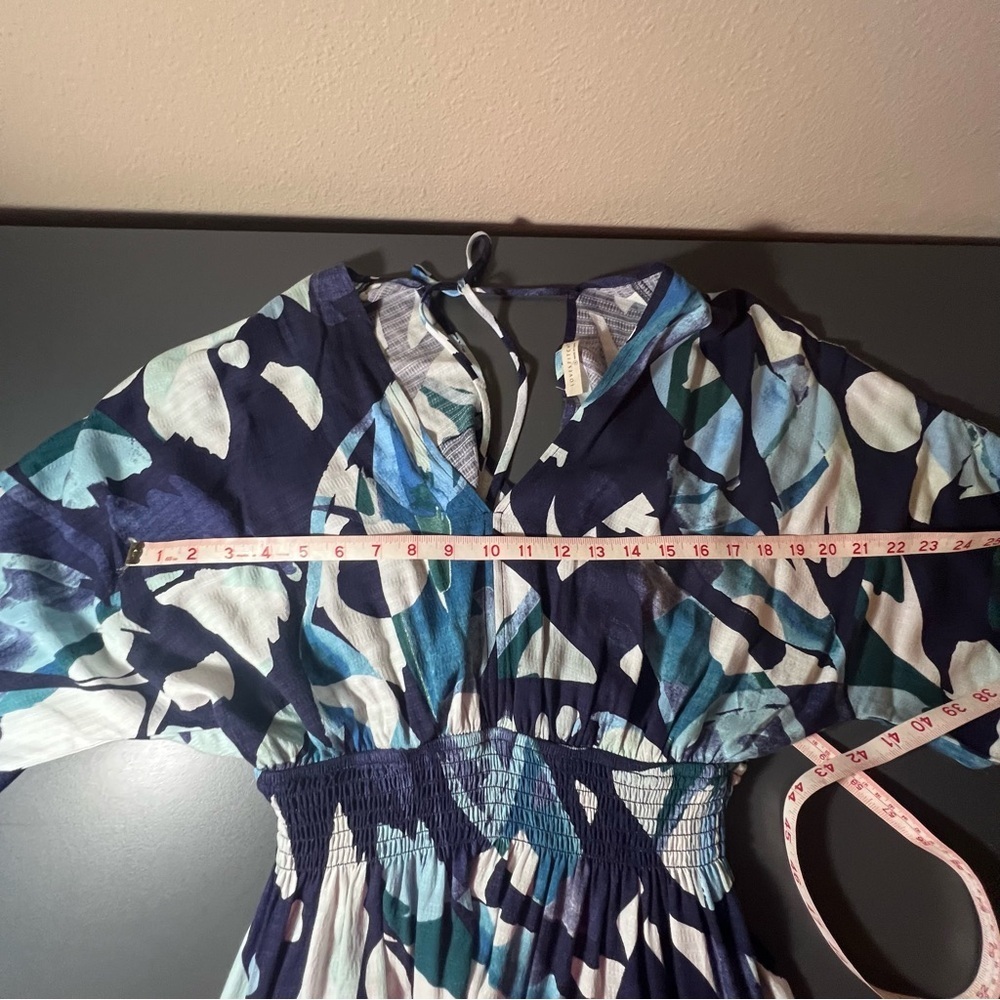 Love Stitch Tropical Floral Mini Dress Blue Smocked Waist Size Small - Picture 8 of 11